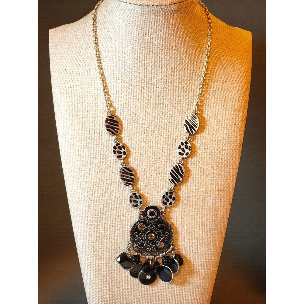 Chico's Silver Black Animal Print Crystal Charm Statement Necklace